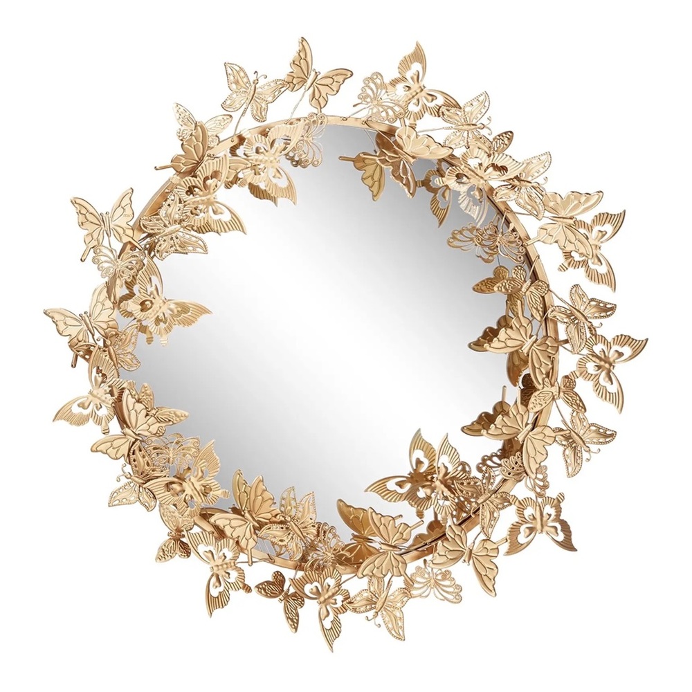 Large Round Metallic Gold Butterfly Hanging Wall Mirror